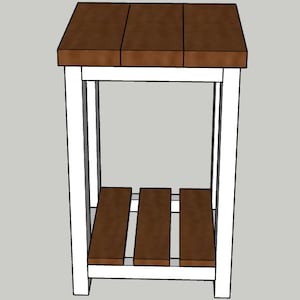May include: White end table with a brown wooden top and shelf. The table has a simple, farmhouse style.