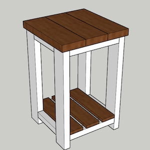 May include: A white wooden end table with a brown wood top and shelf. The table has a simple, farmhouse style.
