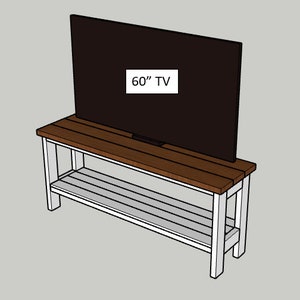 May include: A white wooden TV stand with a brown top shelf and a white lower shelf. A 60" TV is sitting on the top shelf.