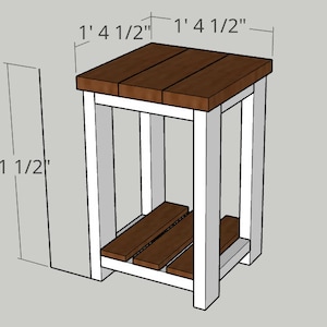 May include: White end table with a brown wood top and shelf. The table is 1' 4 1/2" wide and 2' 1 1/2" tall.