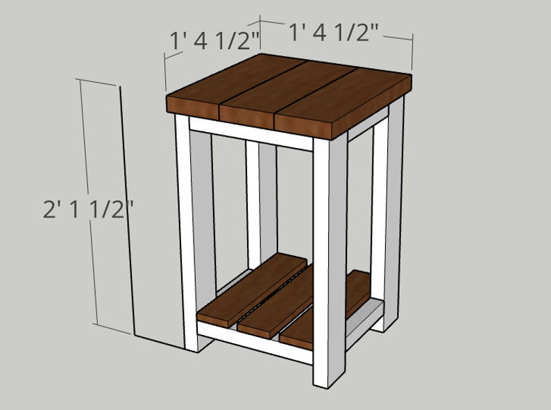 May include: White end table with a brown wood top and shelf. The table is 1' 4 1/2" wide and 2' 1 1/2" tall.