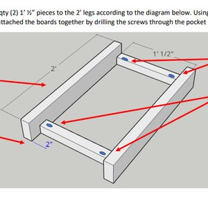 May include: Diagram showing how to attach two 1 1/8 inch pieces of wood to two 2x4 legs using 1 1/4 inch Kreg screws. The diagram shows the placement of the screws and the pocket holes. The text in the image reads: "When attaching the 2x2 pieces, be sure to hold the 2x4 leg firmly. Be sure to install this 2x2 piece 2 inches from the bottom. Use a power drill to install the screws through the pocket holes."