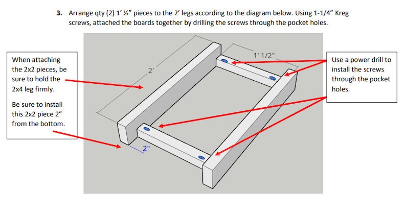May include: Diagram showing how to attach two 1 1/8 inch pieces of wood to two 2x4 legs using 1 1/4 inch Kreg screws. The diagram shows the placement of the screws and the pocket holes. The text in the image reads: "When attaching the 2x2 pieces, be sure to hold the 2x4 leg firmly. Be sure to install this 2x2 piece 2 inches from the bottom. Use a power drill to install the screws through the pocket holes."