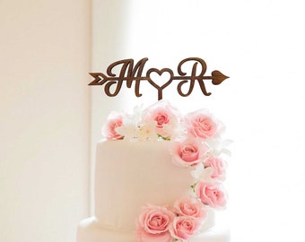 Arrow Cake Topper, Custom Initials Wedding Cake Topper, Personalized, Heart Cake topper, Custom Mr Mrs cake topper, Anniversary Cake toppers