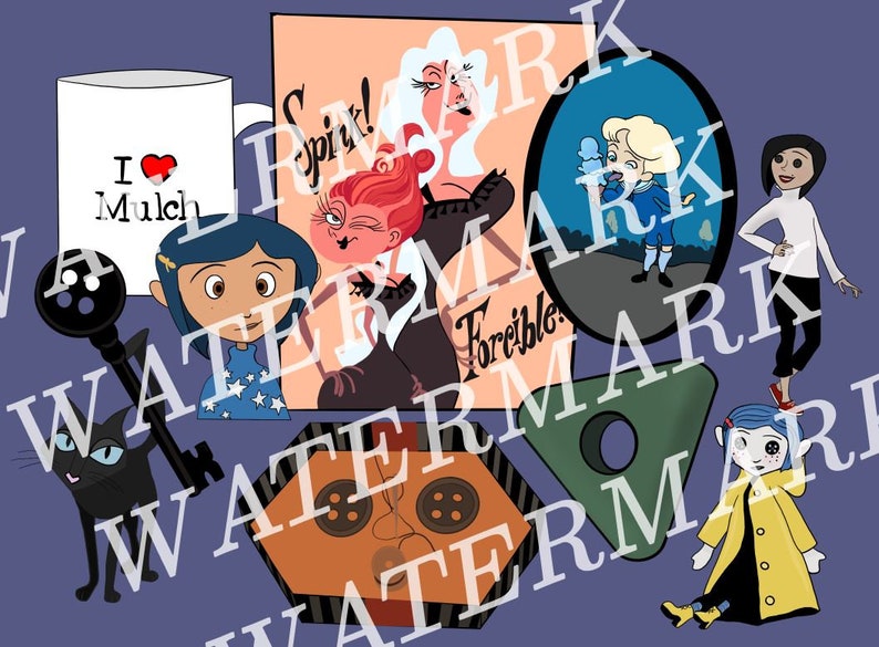K&ouml;nnte beinhalten: Eine Sammlung bunter Illustrationen mit Figuren aus dem Animationsfilm "Coraline". Die Illustrationen zeigen Coraline, die Andere Mutter, die Katze und die Puppe mit Knopfaugen. Der Text "Spink! Forcible" ist auf einer der Illustrationen zu sehen.