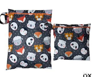 Wetbag "Tiere" personalisierte Nasstasche Badetasche Schaf Fuchs Panda Tiger Pinguin Bär grau by OXmade