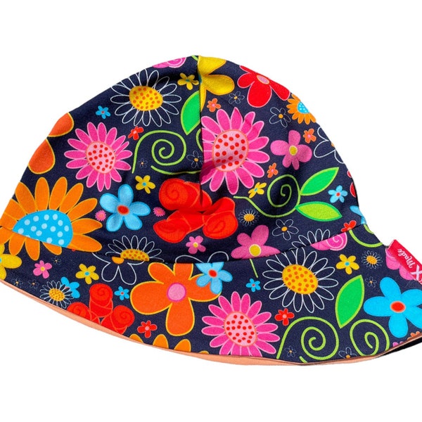 Sommermütze Sonnenhut Nackenschutz "Flowerpower" Blumen blau bunt by OXmade