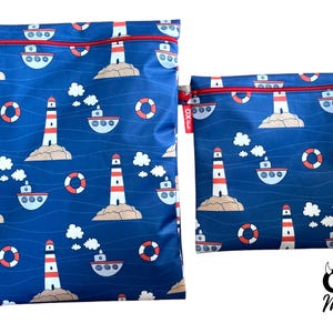 Wetbag "Leuchtturm" personalisierte Nasstasche Badetasche Segelboot Boot Maritim blau by OXmade
