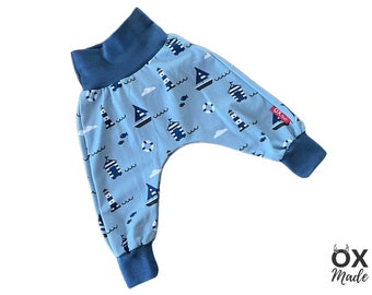 Pumphose "Tag am Meer" Baby Kleinkind maritim hellblau Gr. 56-104 Babyhose mitwachsend Krabbelhose by OXmade