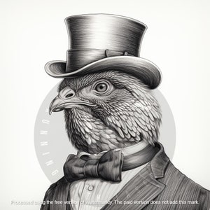 May include: A black and white illustration of a hawk wearing a top hat and bow tie. The hawk is wearing a suit jacket and has a serious expression on its face. The text "UNNING" is visible in the background.