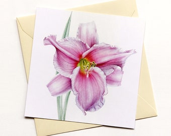 Botanical Daylily Greeting Card - Hand painted Blank Note Card, Floral Watercolour Art, Mini Print.