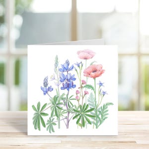 Handgemaakte kaart, aquarel wilde bloemen, botanische wenskaart, wilde bloemen notitiekaart, fine art notitiekaart, bloemen notitiekaart. Kaart van 15 x 15.