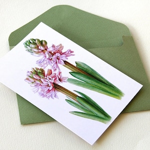 Postal de acuarela hecha a mano A6, postal de flor de jacinto rosa, postal botánica, postal floral, arte de jacinto, impresión artística pequeña.