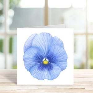 Botanische notitiekaart, notitiekaart blauw viooltje, handgeschilderde blanco kaart, aquarelkaart voor elke gelegenheid, bloemnotitiekaart, botanisch stationair.