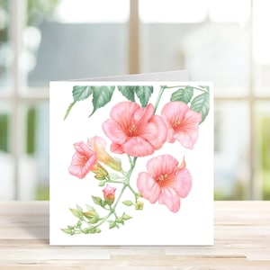 Botanische wenskaart, Chinese trompetbloemkaart, bloemen blanco kaart, handgemaakte kaart, kaart botanische kunst, kaart van 15 x 15.