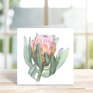 Cartão de nota botânica, cartão de flor de protea, cartão feito à mão, cartão para qualquer ocasião, cartão de nota floral, papelaria botânica, cartão pintado à mão.