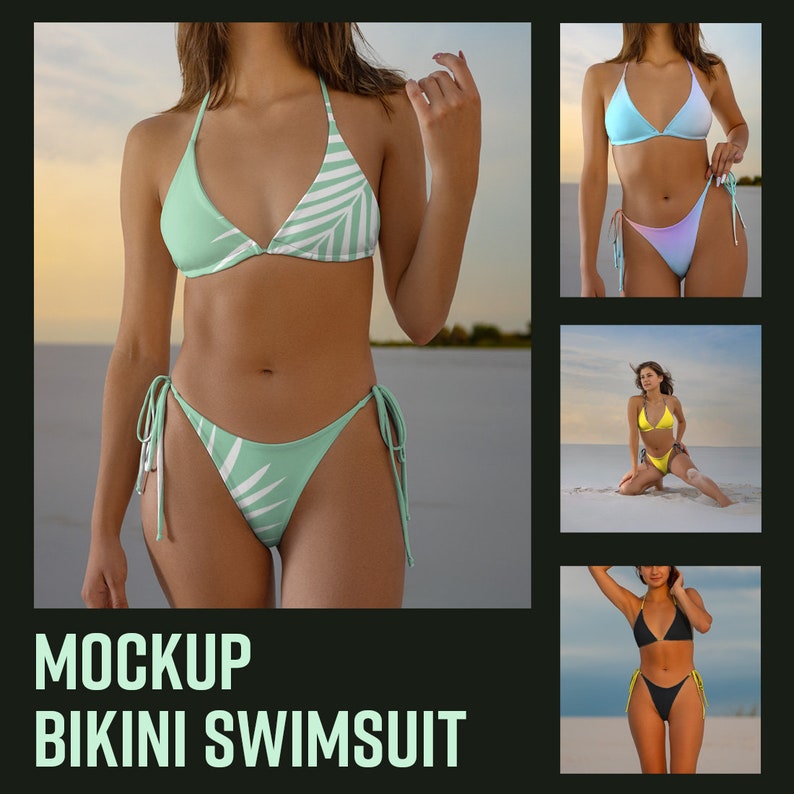 May include: A mockup of a bikini swimsuit with a tropical leaf print. The swimsuit is shown on a model in a variety of colours and styles.