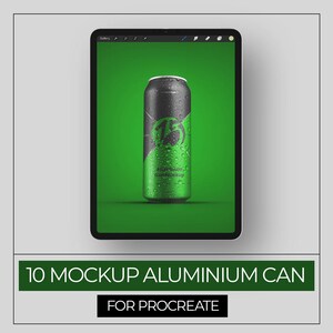 May include: A digital illustration of a black and green aluminum can mockup for Procreate. The can has a black top and bottom with a green design and the text "Aluminum Can Mockup".