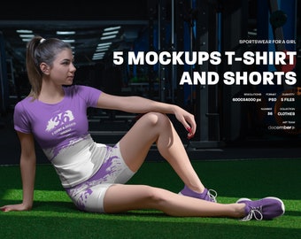 Gym Clothes Mockups Tshirts and Shorts Mockups Workout Sets for Women Styled Stock Photo Editable PSD Mock-up Set