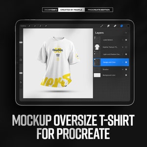 May include: A mockup of a white oversized t-shirt with the text "OverSize" in yellow on the front. The t-shirt is displayed on a tablet screen with a Procreate app interface.
