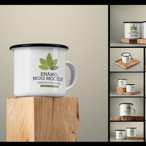 May include: White enamel mug mockup with a black rim and a green leaf design. The mug is sitting on a wooden block. The text "ENAMEL MUG MOCKUP OBJECTS COLLECTION" is printed on the mug.
