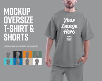 May include: A gray oversized t-shirt and matching shorts mockup. The t-shirt has the text "Your Image Here" and "Mockup Oversize T-Shirt" printed on the front.