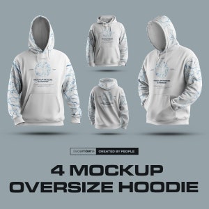 Puede incluir: Cuatro maquetas de una sudadera con capucha blanca de gran tamaño con un patrón abstracto azul y blanco en las mangas. La sudadera tiene un bolsillo canguro y una capucha con cordón. El texto "MOCKUP HOODIE OVERSIZE" está impreso en la parte delantera de la sudadera.