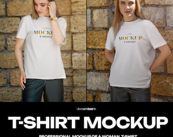 Mockup dames T-shirts PSD bewerkbare kleur effen T-shirt Mockups hoge resolutie afbeeldingen Bakstenen muur achtergronden Mock-up voor buiten