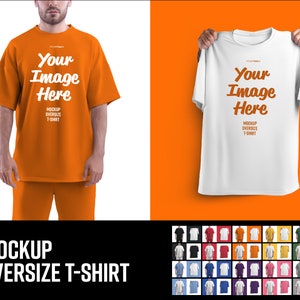 Può includere: Mockup di una t-shirt oversize con il testo "Your Image Here" e "Mockup Oversize T-Shirt" in bianco su una t-shirt arancione. La t-shirt è mostrata su un manichino e piatta su uno sfondo arancione brillante. Una griglia di 36 t-shirt di diversi colori è mostrata sotto il mockup.