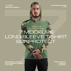 UPF Hooded Long Sleeve Performance T-Shirt Mockup Men PSD Editable Color Tshirt Smart Mock-up AOP Sun Protection Shirt Front and Back