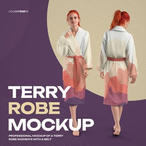 May include: A white terry robe with a belt and a geometric pattern in shades of pink, orange, and purple. The robe is shown on a model from the front and back.