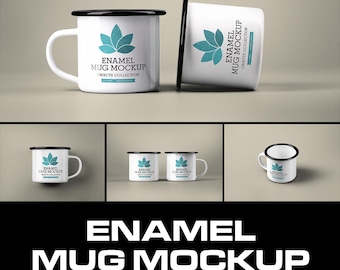 Maqueta de taza de campamento esmaltada para Photoshop, conjunto PSD, maqueta de taza de campamento con borde negro, color y fondo editables, foto de archivo de alta resolución con estilo