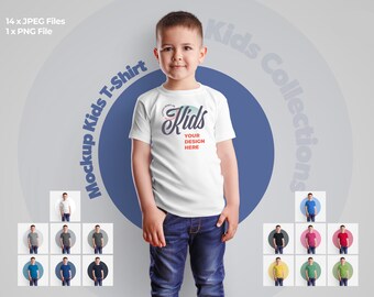 May include: A white t-shirt mockup for kids with the text "Kids" and "Your Design Here" in red and white. The shirt is being worn by a child standing in front of a blue circle with the text "Mockup Kids T-Shirt" and "Kids Collection".