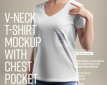 Model T-shirt met V-hals en zak 4K bewerkbare Photoshop PSD-set Realistische professionele testmodellen