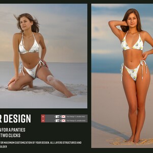 May include: Two images of a woman wearing a white bikini with a floral pattern. The bikini top is a triangle style and the bottom is a high-cut style with ties on the sides. The woman is standing on a beach with sand and water in the background.