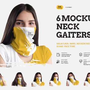 Puede incluir: Una maqueta que muestra seis formas diferentes de usar un pasamontañas amarillo. El pasamontañas se puede usar como pasamontañas, banda, pañuelo, bufanda o tubo facial. La maqueta está sobre un fondo blanco.