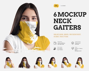 May include: A mockup of six different ways to wear a yellow neck gaiter. The neck gaiter can be worn as a balaclava, band, neckerchief, scarf, or face tube. The mockup is on a white background.