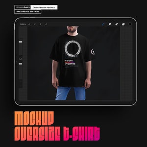 May include: Mockup of a black oversized t-shirt with a graphic design of a circle made of small squares. The text "T-SHIRT MOCKUP OVERSIZE" is printed on the shirt.