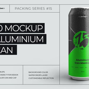 May include: A mockup of a green and black aluminum can with water droplets. The can has the text "Aluminum Can Mockup" and "december" on it. The can is 355 ml.
