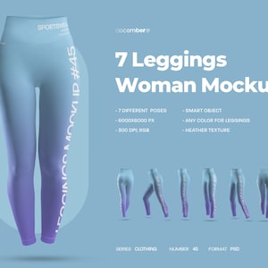 May include: Seven different poses of leggings in a blue and purple gradient color. The leggings are seamless and have a heather texture. The image is a mockup for a product design.