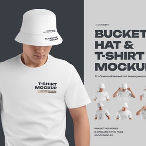 Può includere: Un cappello a secchiello bianco e una maglietta bianca mockup. Il cappello ha la scritta "BUCKET HAT MOCKUP" stampata su di esso. La maglietta ha la scritta "T-SHIRT MOCKUP" stampata su di essa. L'immagine è un mockup professionale per adolescenti.