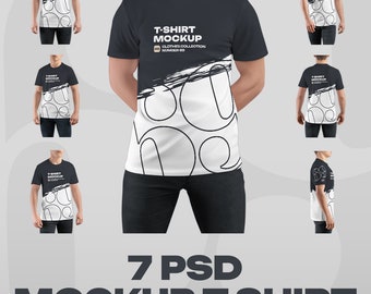 May include: A mockup of a black t-shirt with a white design featuring a brushstroke and the text "T-shirt Mockup Clothes Collection Number 69". The t-shirt is being worn by a person with black jeans.