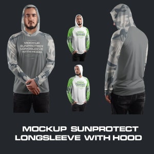 May include: A gray long-sleeve shirt with a camouflage pattern and a hood. The shirt has the text "MOCKUP SUNPROTECT LONGSLEEVE WITH HOOD" printed on the front.