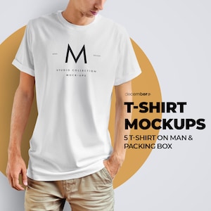 T-shirt classica Smart Mockup Men T-shirt con scatola di colori modificabile PSD e mockup di cartellini
