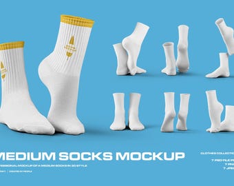 Mockup Cushioned Crew Socks Dye Sublimation Mockups With Toe and Heel Sock High-Resolution Ghosted PSD Set Editable Color Smart Mock-up