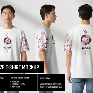 May include: White oversized t-shirt mockup with a floral design on the sleeves and back. The shirt features a circular graphic with cherry blossoms and the word "MOCKUP". The image includes text: "OVERSIZE T-SHIRT MOCKUP".