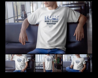 AOP T-Shirt Mockup Sitting Male - All Over Print Sublimation Tee - Full Wrap Pattern Shirt PSD Set