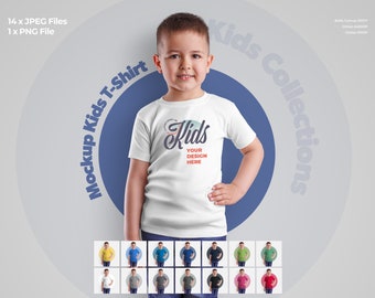 May include: A white t-shirt mockup featuring a young child wearing the shirt. The shirt has a graphic design that says "Kids" with the text "Your Design Here" underneath. The image includes a variety of color options for the t-shirt.