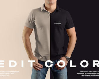 Puede incluir: Una maqueta de una camiseta polo con el texto "ANY COLOR" en la parte delantera. La camiseta está dividida por la mitad, con un lado de color beige claro y el otro lado negro. El texto "EDIT COLOR" está en la parte inferior de la imagen, con instrucciones sobre cómo personalizar la camiseta.