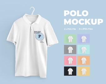 Puede incluir: Una maqueta de polo blanco con una percha, que presenta el texto "MAN POLO MOCKUP" y una "P" azul en un círculo. La maqueta se muestra sobre un fondo azul claro con nueve fondos de colores diferentes que muestran la camisa en varios colores.